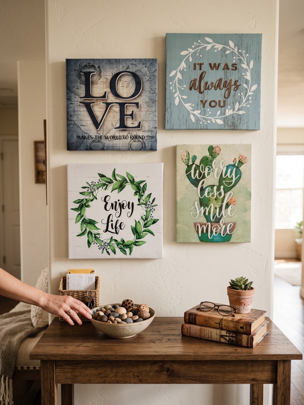 Bundle of 4 Blue, White & Green Inspirational Wall Art Set